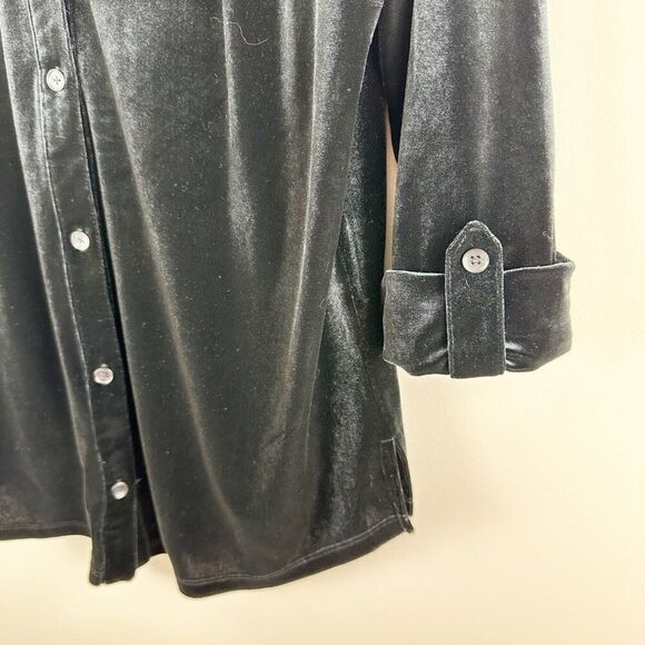 Charter Club Womens Black Velvet Button-Up Roll Sleeve Shirt Tunic Medium - Picture 3 of 13